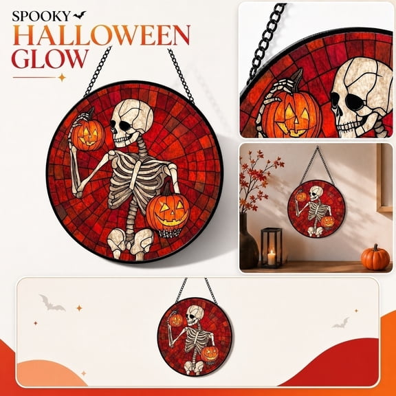 Hanging Halloween Decorations, Skeleton Holding Jack-O-Lantern Stained Glass Style Puzzle Hanging Ornament, for Spooky Season Window Porch Display, Halloween Gift for Friends