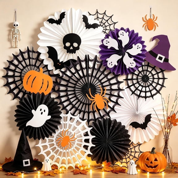 Hanging Halloween Decorations With Spider Web Paper Fan Cute Ghost Decor,Vintage Halloween Decoration Indoor for Wall With Bat Skeleton Orange And Black Party Decoration For Day Of The Dead