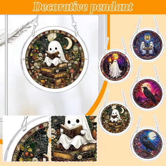 Hanging Halloween Decorations, Spooky 2D Acrylic Puzzle Style Ghost Tea Party Design, for Indoor Home Window Wall Display, Novelty Halloween Themed Gift, 8 Inch Round Acrylic