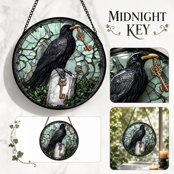 Hanging Halloween Decorations, Vintage Raven and Skeleton Key Stained Glass Style Hanging Ornament, Perfect for Halloween Window Decorations and Entryway Wall Display, Unique