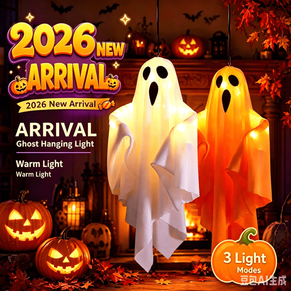 Hanging Halloween Ghost Light with 3 Flashing Modes, Battery Powered Glowing Fabric Windsock Phantom Prop for Outdoor Tree Branch, Roof Eaves and Front Porch Decor