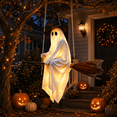 thumbnail image 1 of Hanging Halloween Light-Up Flying Ghost on Broomstick with Remote Control, Glowing White Ghost in Witch Hat, Battery-Operated LED Ornament for Front Porch, Yard, Patio & Indoor Decor, 1 of 9
