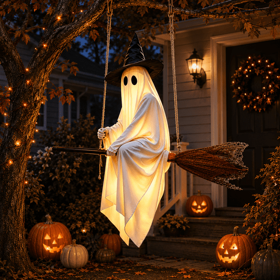 Hanging Halloween Light-Up Flying Ghost on Broomstick with Remote Control, Glowing White Ghost in Witch Hat, Battery-Operated LED Ornament for Front Porch, Yard, Patio & Indoor Decor
