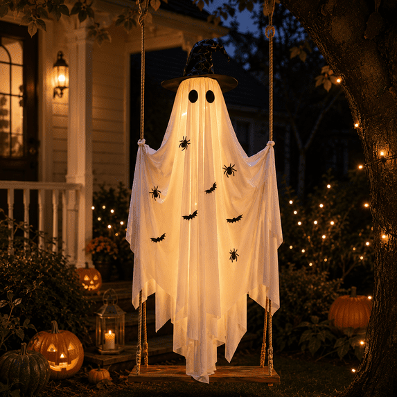 Hanging Halloween Witch Ghost Outdoor Decoration, Battery-Operated Illuminated Light-Up Flying Ghost on Wooden Swing Seat, Spooky Hanging Animatronic Decor for Front Porch, Tree & Yard