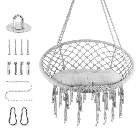 Hanging Hammock Chair,Handwoven Cotton Rope Hammock Cradle Chair with Soft Cushion and Mounting Hardware,330 Pounds Capacity Swing Chair for Bedroom,Living Room,Yard,Garden,Balcony,Grey