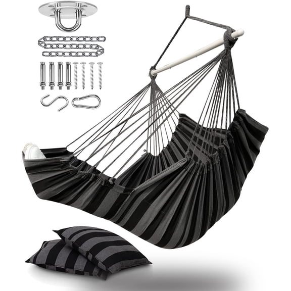 Hanging Hammock Chair Large Swing Chair with Foot Rest and Hardware,Max 500lbs,Steel Spread Bar with Anti Slips, 2 Cushions and Side Pocket,Indoor/Outdoor Use…
