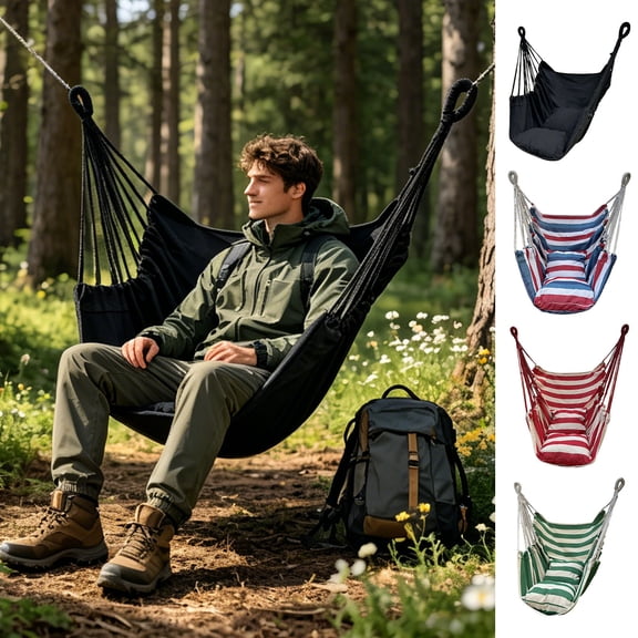 Hanging Hammock Chair, Rope Swing for Indoor Outdoor, Bedroom Garden Patio Seating, Macrame Chair with Cushion, Max 300lb Capacity, Boho Swing for Boys and Girls & Adults, Green