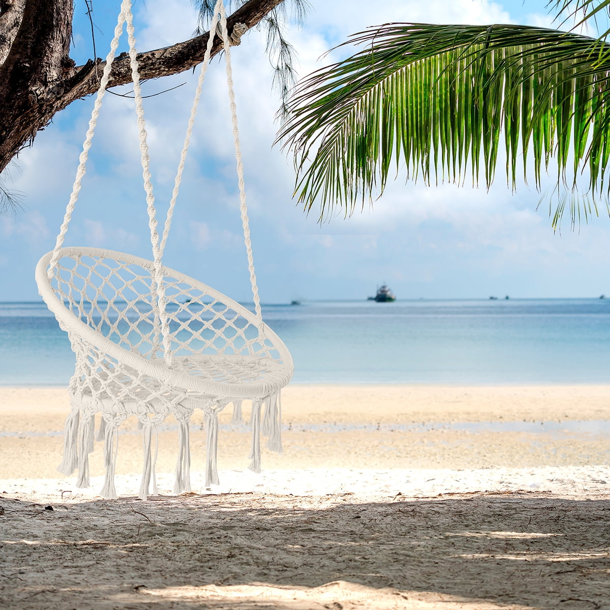 Hanging Hammock Chair Seat Mesh Woven Rope Macrame Wooden Bar