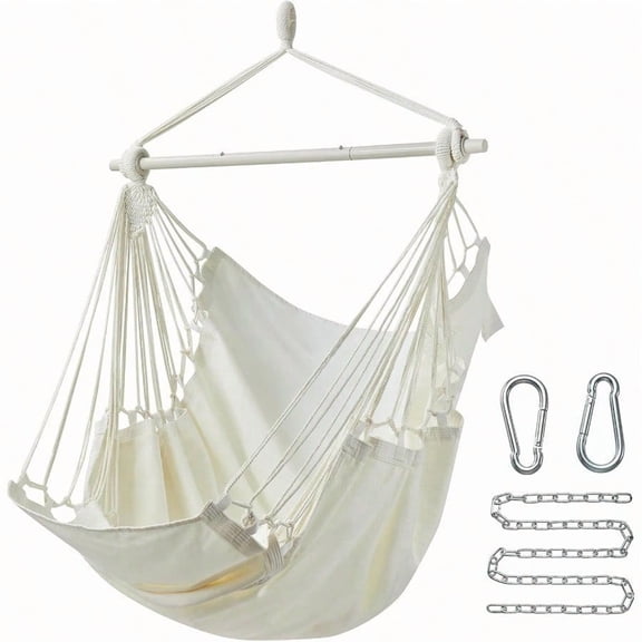 Hanging Hammock Chair Swing MAX 500 Lbs Outdoor Hanging Chair With Footrest Indoor Swing Chair With Portable Steel Spreader Bar And Hardware Kit For Bedroom Living Room Patio Porch White