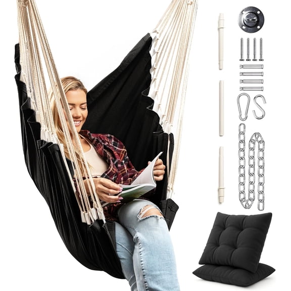 Hanging Hammock Chair Swing with Footrest and 2 Cushions Indoor Outdoor Use Holds 440 Lbs