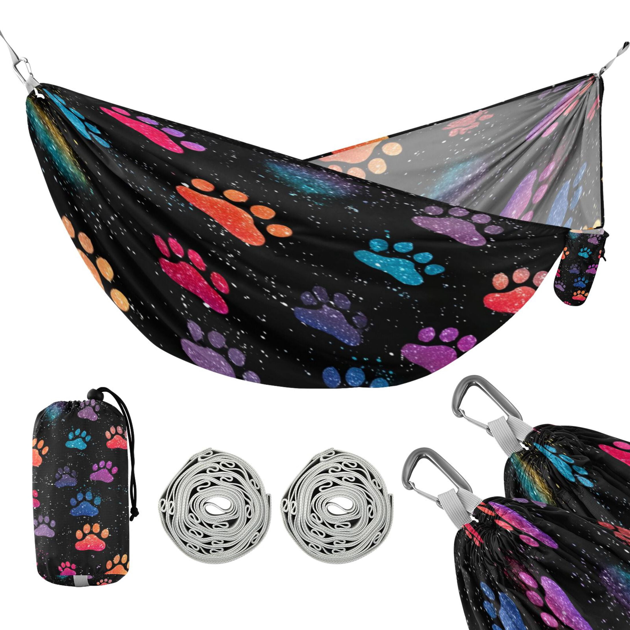 Hanging Hammock Portable Travel Camping For Outdooor Beach Camping Hiking Colorful Paw Print Pattern with A Galaxy Design