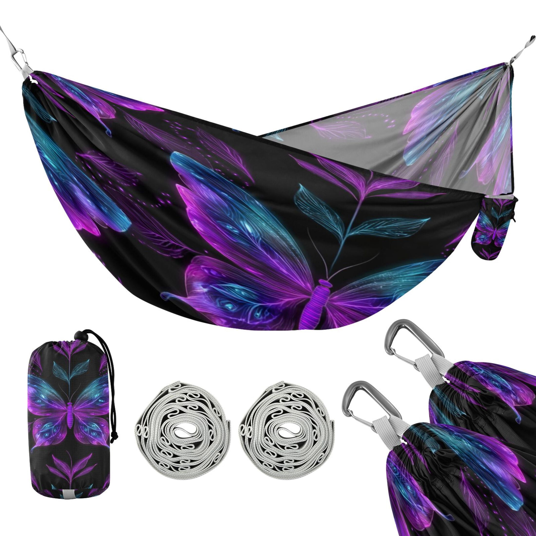 Hanging Hammock Portable Travel Camping For Outdooor Beach Camping Hiking Neon Purple and Blue Butterflies