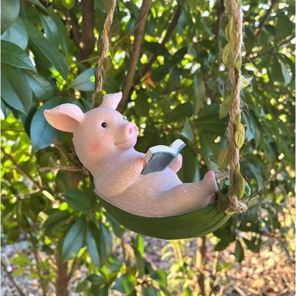 Hanging Hammock Swing Pig Figurine Statues for Garden Decor, Sleeping Reading Pig Tree Hanger for Yard Garden Lawn Fence Pathway Backyard Home Decoration