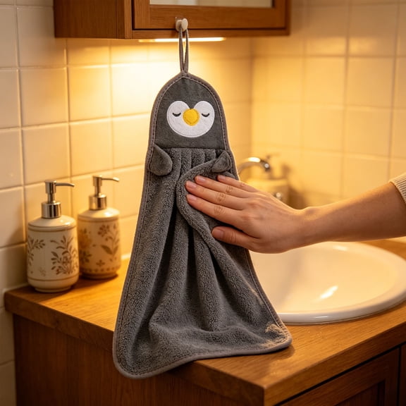 Hanging Hand Towel,Animal Hand Towel - 14.56" x 9.84" Cute Cartoon Penguin Design with Hanging Loops | Super Soft for Kitchen, Bathroom (Grey)