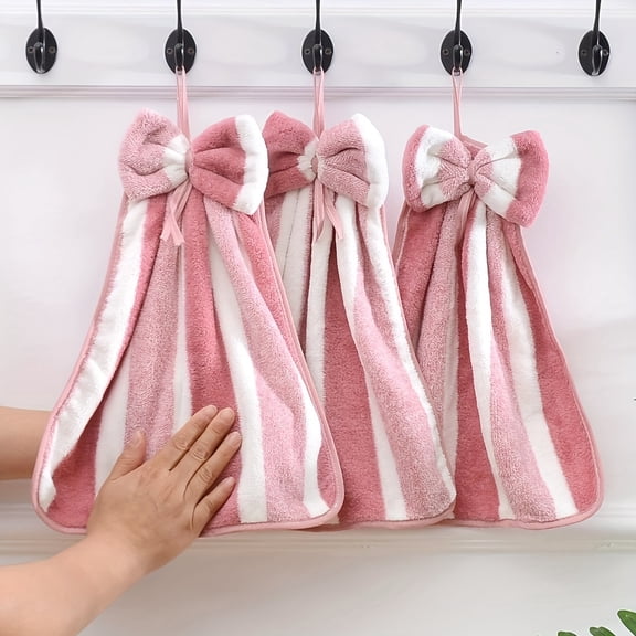 Hanging Hand Towel Soft Coral Fleece Bow Tie Absorbent Kitchen Bathroom Drying Cloth Skin-Friendly Microfiber Cleaning Rag for Daily Household Usage (1-Pack) #140 Pink