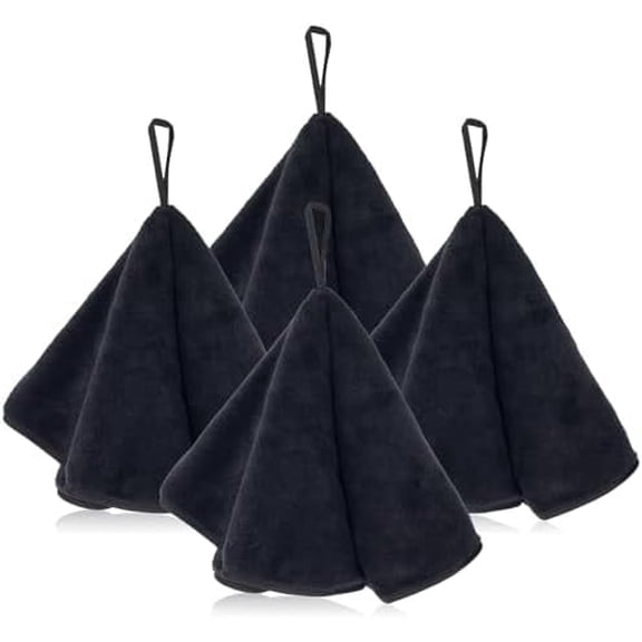 Hanging Hand Towels with Loops, 4 Pcs Hand Towels for Kitchen, Absorbent and Soft Fiber for Quick Dry, Round Shape (Black)