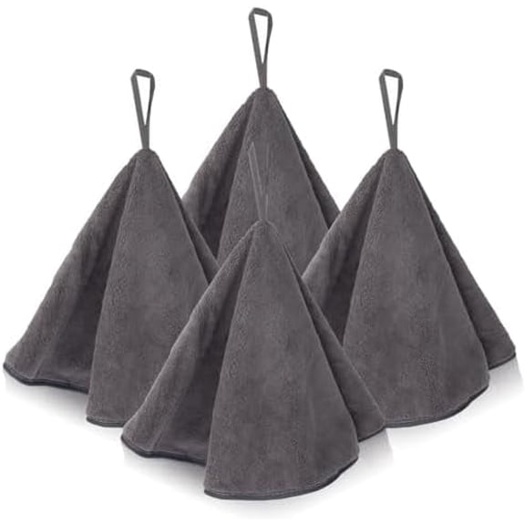 Hanging Hand Towels with Loops, 4 Pcs Hand Towels for Kitchen, Absorbent and Soft Fiber for Quick Dry, Round Shape (Gray)