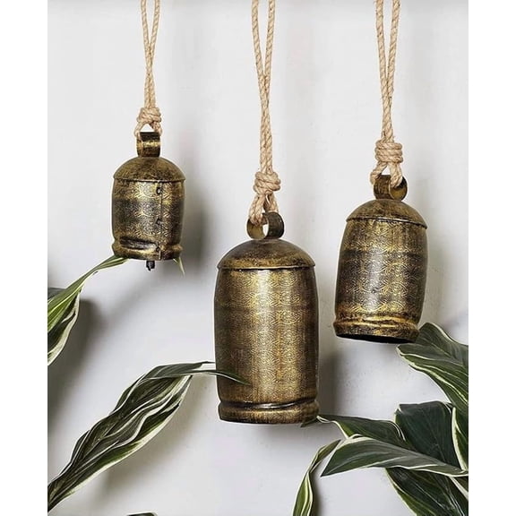 Hanging Harmony Chime Bells Garden Rustic Relaxing Tranquil Wind Chimes Handmade Bells Wrought Iron with Antique Finish Set of 3 Rustic Bell (5", 8", 10") Vintage Home Decor Gifts