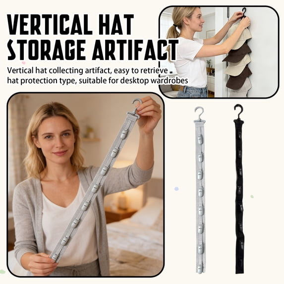 Hanging Hat Organizer for Closet, Hat Rack with 8 Clips for Baseball Caps, Vertical Cap Holder, Space Saving Storage Hanger for Door & Wall, Men & Women Black