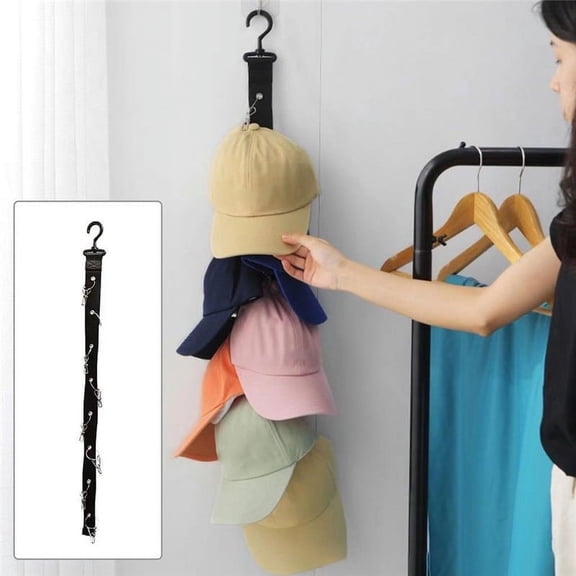 Hanging Hat Rack Organizer | Wall Mounted Clothes Hanger Clips, Vertical Space Saving Storage, Black Oxford Nylon, No-Drill Sticker Hooks, 8 Hat Capacity, 72.5cm Length
