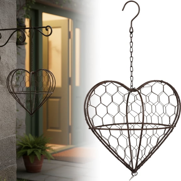 Hanging Heart-Shaped Wire Bird Nesting Material Holder with Chain, Handcrafted Metal Bird House Feeder Decor 6.69x7.09x3.54 Inches