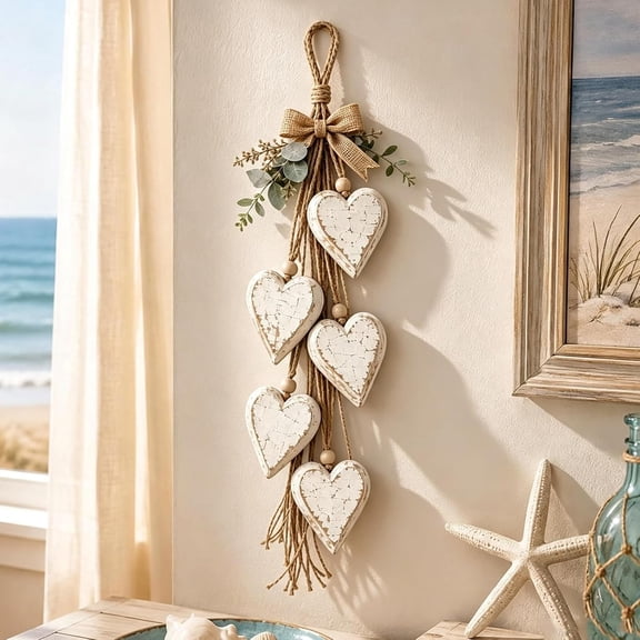 Hanging Heart Wall Decor,20.87-Inch Rustic Farmhouse Hanging Heart Decoration with 5 Layer Wooden Hearts,Vintage Woodhearts Farmhouse Wall Decor with Autumn Leaves for Porch Entryway.