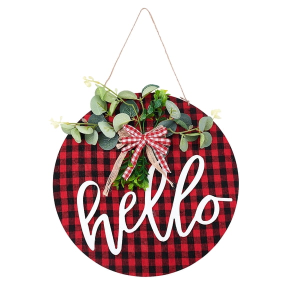 Hanging Hello Sign Front Door Black and Red Plaid Stripes Round Hello Welcome Sign with Wreath and Hanging
