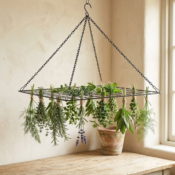 Hanging Herb Drying Rack, 13.8"x13.8" Square Metal Mesh Herb Dryer with Chain & Hook, Hanging Plant Drying Rack for Herbs, Garlic, Chili, Flowers, Garden Harvest