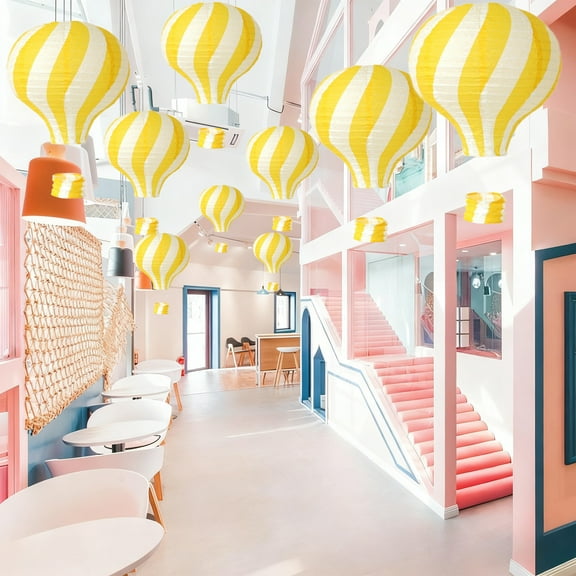 Hanging Hot Air Balloon Decoration, 18 Inch Paper Lantern with Metal Hook, Ceiling & Window Decor for Parties, Weddings, Yellow, Classroom & Store Display