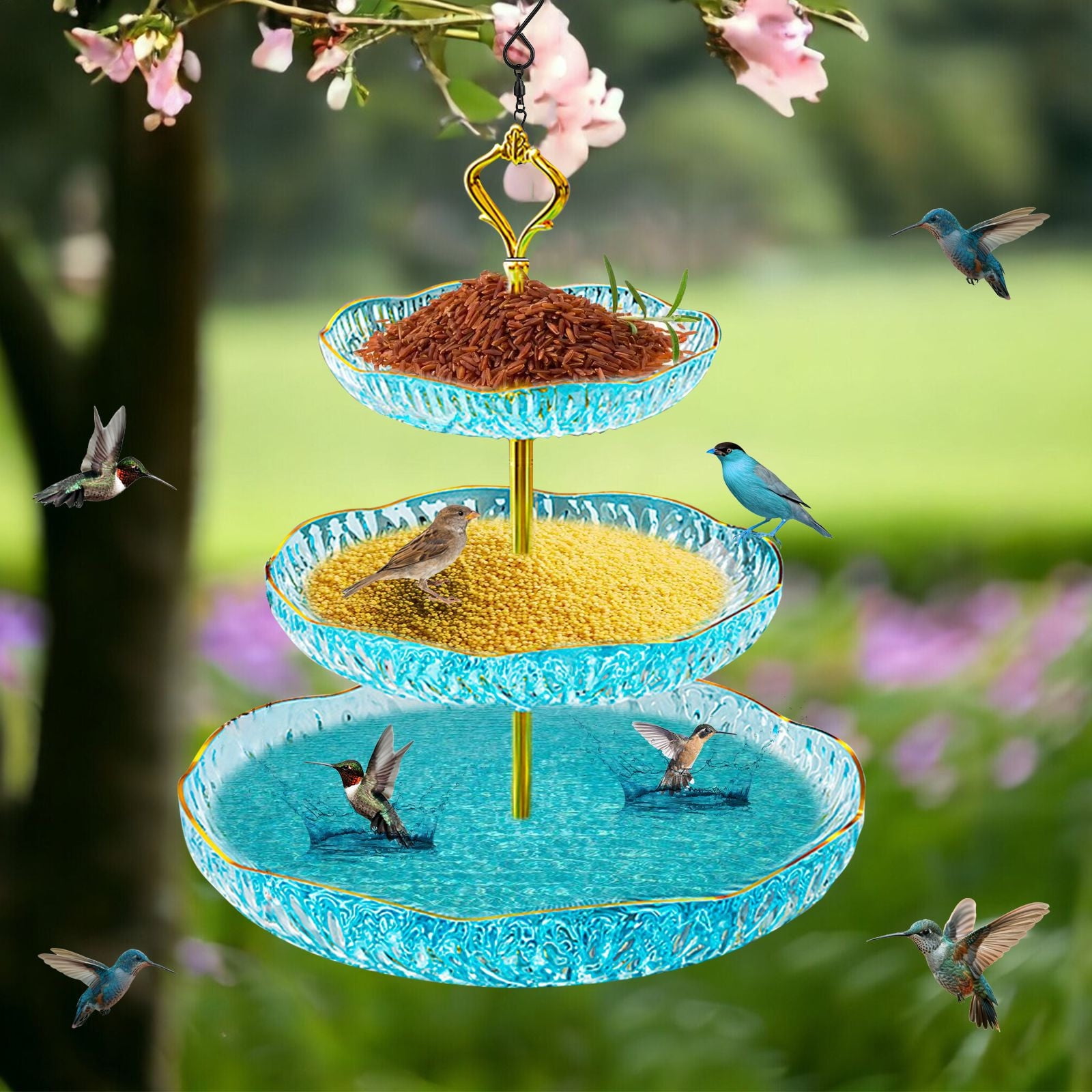 Hanging Hummingbird Feeder and Bird Bath, 2-in-1 Outdoor Garden Patio Yard Decoration, Easy to Hang Attracts Birds, Durable Weather-Resistant Design for Garden Backyard Porch Enjoyment-Blue
