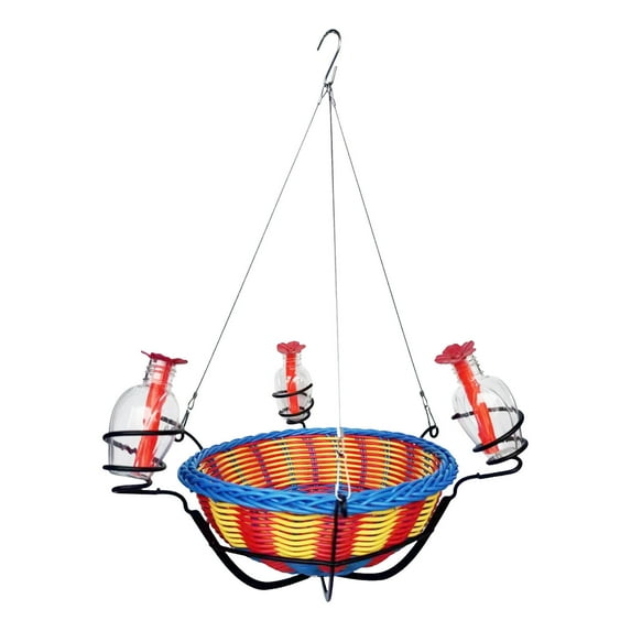 Hanging Hummingbird Feeder With Planter Basket 3-Bottle Design Colorful Woven Rattan Base Yard Garden Decor for Outside Hanging Flower Basket Bird Feeder