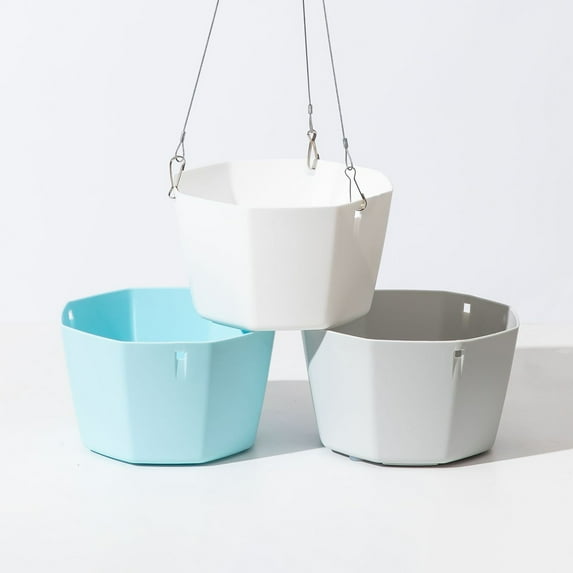 Hanging Indoor Planter Basket | Modern Wall & Ceiling Art Decor Flower Pot | Adjustable Rope Hanger | White, Gray, Sky Blue Plastic | 15x15x9cm | 1 Set Included