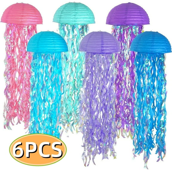 Hanging Jellyfish Paper Lanterns - 6 Color Under The Sea Party Mermaid Birthday Supplies Baby Shower, Wedding, Beach Room Decor Decoration (Set of 6)