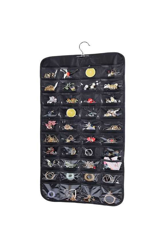 Hanging Jewelry Organizer, Double Sided Bracelet Organizer with Pockets Fabric Jewelry Organizer Holder for Necklace Bracelet Earring Ring Chain (Black)