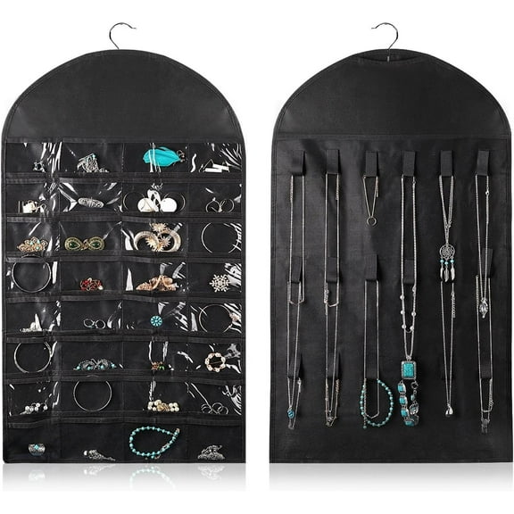 Hanging Jewelry Organizer,(1 Pack, hook is not included), 32 Clear Pockets, Non-Woven Bag Dual Side Earring Storage Display Holder with for Necklace Bracelet Sunglasses