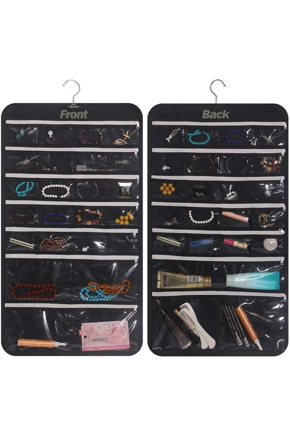 Hanging Jewelry Organizer 47 Pockets with Zipper for Earrings Necklace Bracelet Ring Accessory Display Storage Bag Travel Holder Box