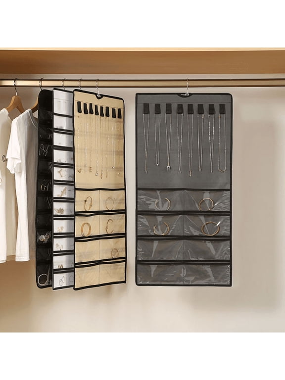 Hanging Jewelry Organizer, 48+8 Pocket Jewelry Bags, Metal Hooks Double-Sided Jewelry Storage Holder for Earrings, Necklaces, Rings Bracelets on Closet, Wall, Door
