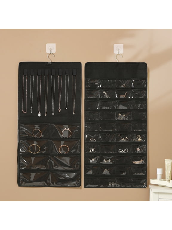 Hanging Jewelry Organizer, 48-Pocket Travel Storage Roll with Necklace Hooks – Double-Sided Non-Woven Fabric Jewelry Hanger for Earrings, Rings, Bracelets – Closet, Wall, Door Mount