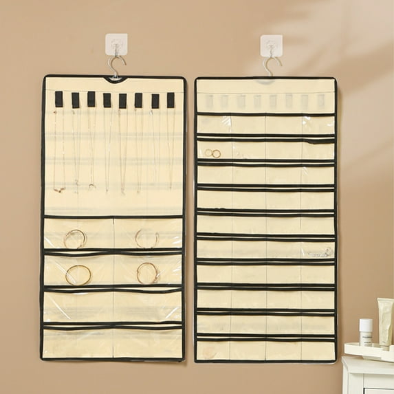 Hanging Jewelry Organizer with 48 Transparent Pockets | Double-Sided Storage for Necklaces Earrings Rings | Travel Jewelry Roll with Hanger for Closet Wall Door