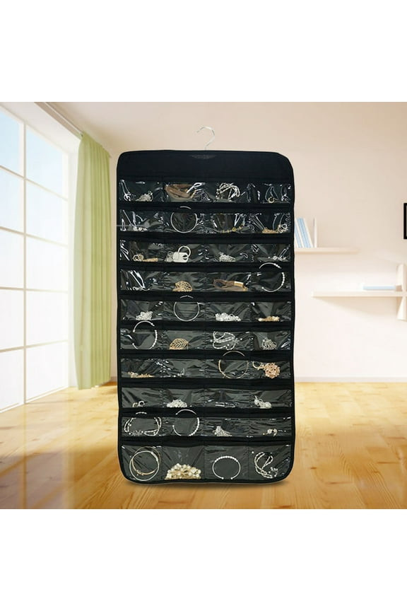 Hanging Jewelry Organizer 80 Pockets with Zipper for Earrings Necklace Bracelet Ring Accessory Display Storage Bag Travel Holder Box