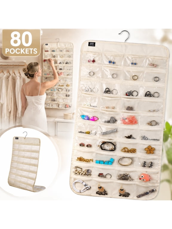 Hanging Jewelry Organizer,Accessories Organizer,80 Pocket Organizer for Holding JewelriesBeige
