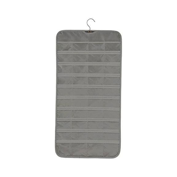 Hanging Jewelry Organizer, Double-Sided 80-Compartment Storage Roll with Metal Hanger for Necklaces Earrings Rings, Gray Wall Or Door Mounted Jewelry Rack
