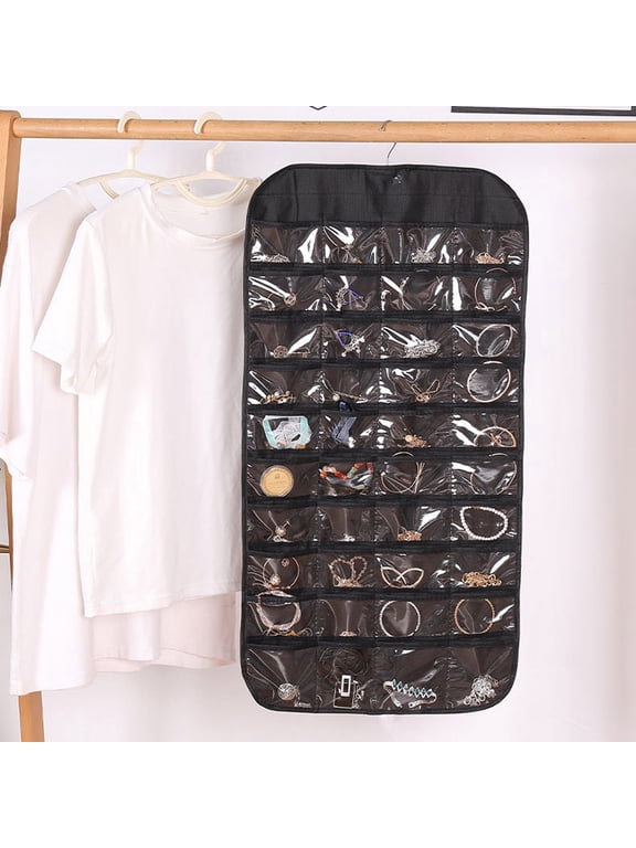 Hanging Jewelry Organizer, Double Sided 80 Pocket Jewelry Chain Storage Bag 2 Layer of Fabric Jewelry Organizer Holder for Necklace Bracelet Earring Ring Chain Knitting Tool