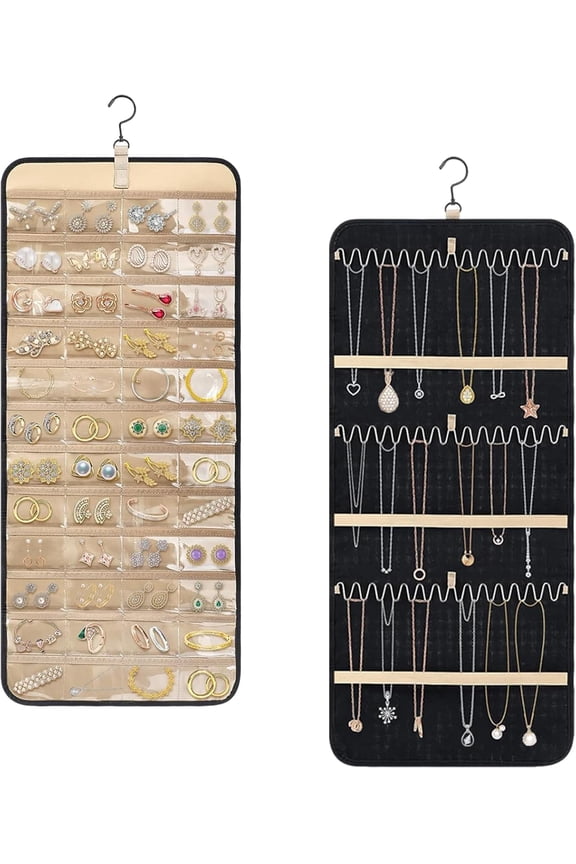 Hanging Jewelry Organizer, Double-Sided Necklace Organizer Jewelry Holder Organizer for Earrings, Necklaces Rings, Glasses, Sunglass Organizer for Closet, Wall, Door (Black, Large Size)