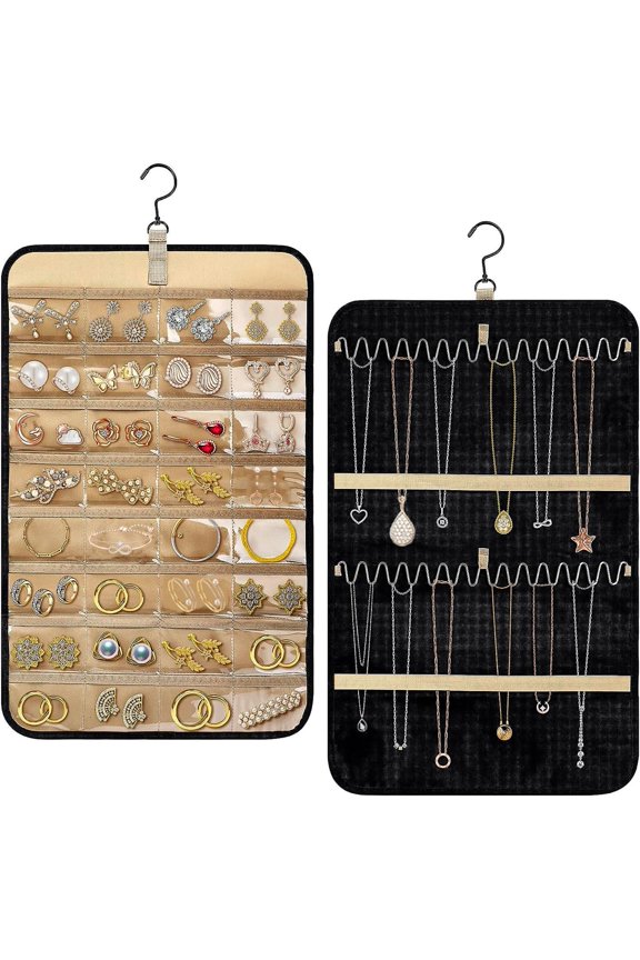 Hanging Jewelry Organizer, Double-Sided Necklace Organizer Jewelry Holder Organizer for Earrings, Necklaces Rings, Glasses, Sunglass Organizer for Closet, Wall, Door (Black, Small Size)