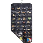 SKYCARPER Hanging Jewelry Organizer Double Sided Zipper Earrings Pocket Holder with 80 Pockets Wall Closet Necklace Hanger for Bracelet Watch Ring Chain