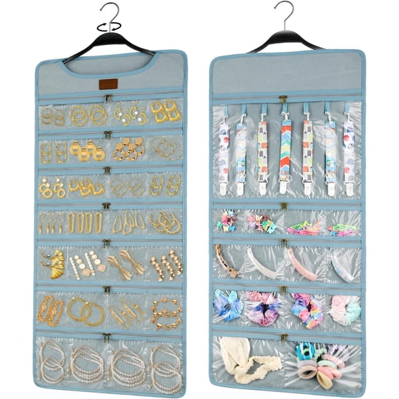 Hanging Jewelry Organizer with Dual Zippered Pockets Canvas Double Sided Rotating Hanger Necklace Hanging Wall Organizer Earring Dustproof Holder Wall Mount Accessories Display Bag(Beige)