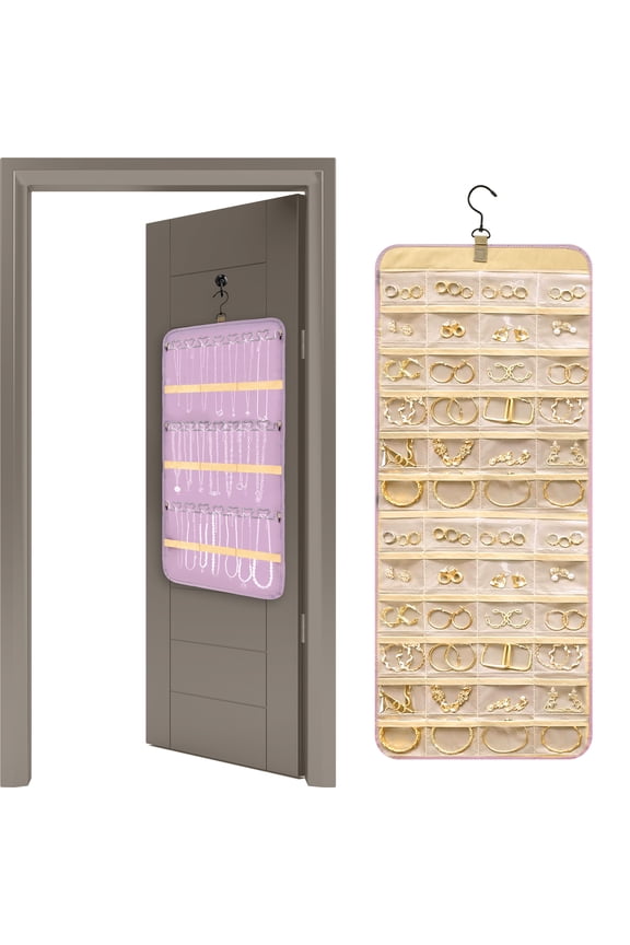 Hanging Jewelry Organizer for Earrings Necklaces Rings Double Sided Hanging Jewelry Storage Roll Dust Proof Hanging Jewelry Holder With Rotatable Hanger for Closet Wall Door