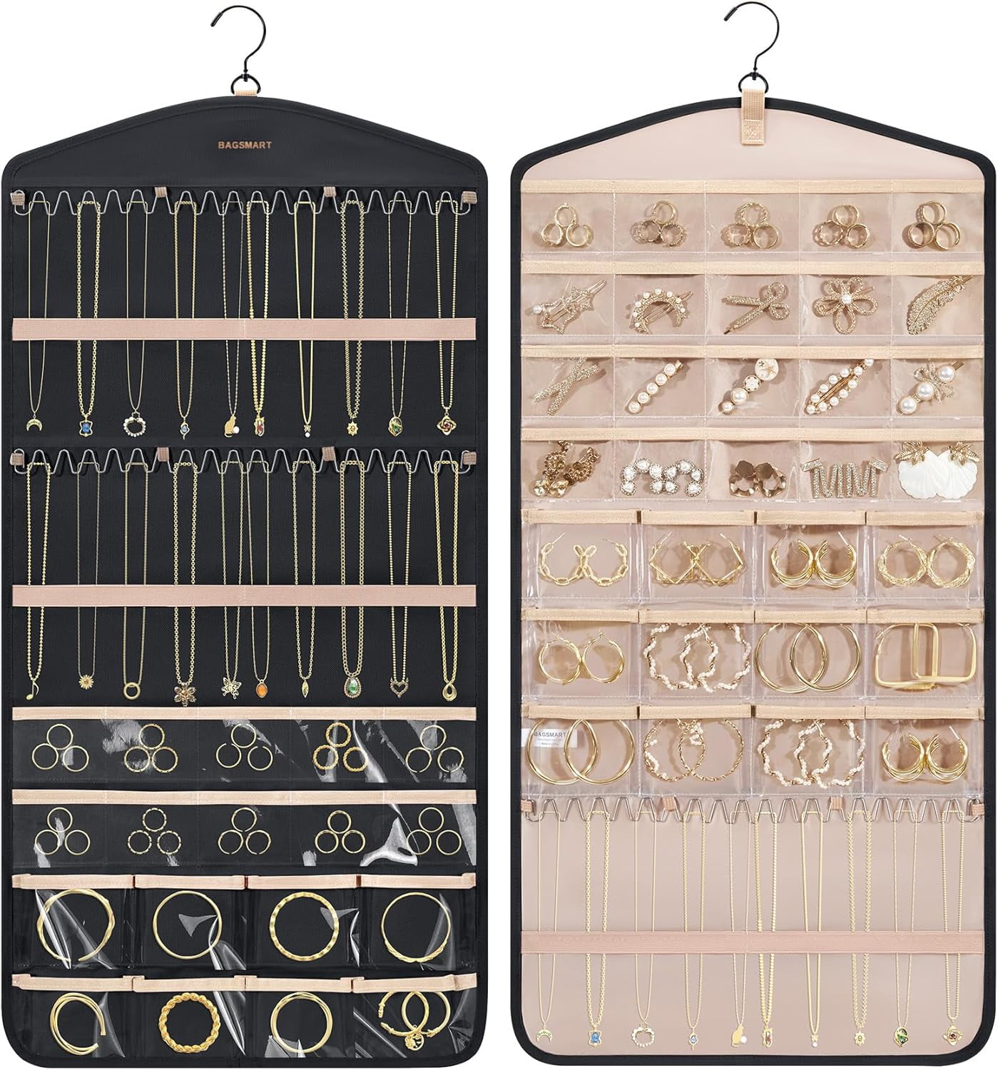 UMEHOME Hanging Jewelry Organizer With Hanger Metal Hooks Double-Sided Jewelry Holder For Organizing Earrings Necklaces Rings Perfect For In Hanging Closet, Wall, Door, 1 Piece, Xl, Black[Z1]