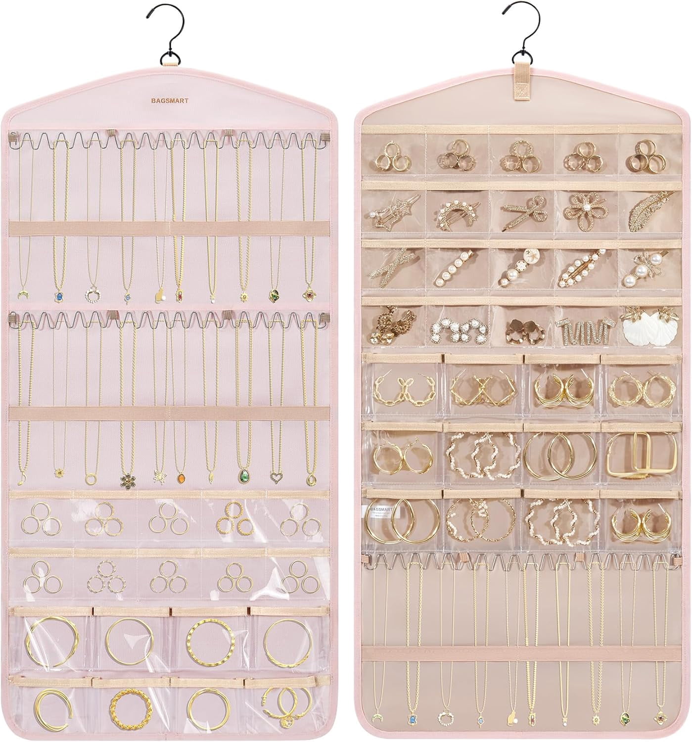 Hanging Jewelry Organizer With Hanger Metal Hooks Double-Sided Jewelry Holder For Organizing Earrings Necklaces Rings Perfect For In Hanging Closet, Wall, Door, 1 Piece, Xl, Pink[Z1]
